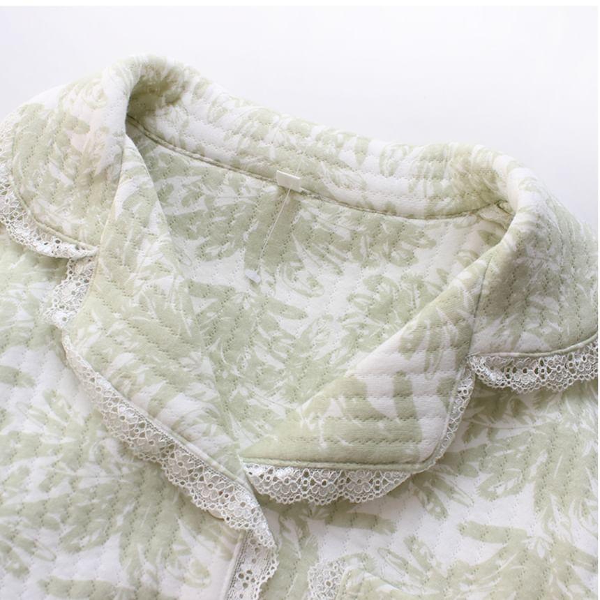 Pajama Set: Long-Sleeve Lapel Collar Leaf Print Lace Trim Button-Up Top + Pants Product Image