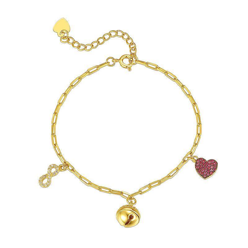 Kids 14k Gold Plated Cubic Zirconia Heart, Bell, and Infinity Dangle Charm Bracelet, Womens Red Product Image