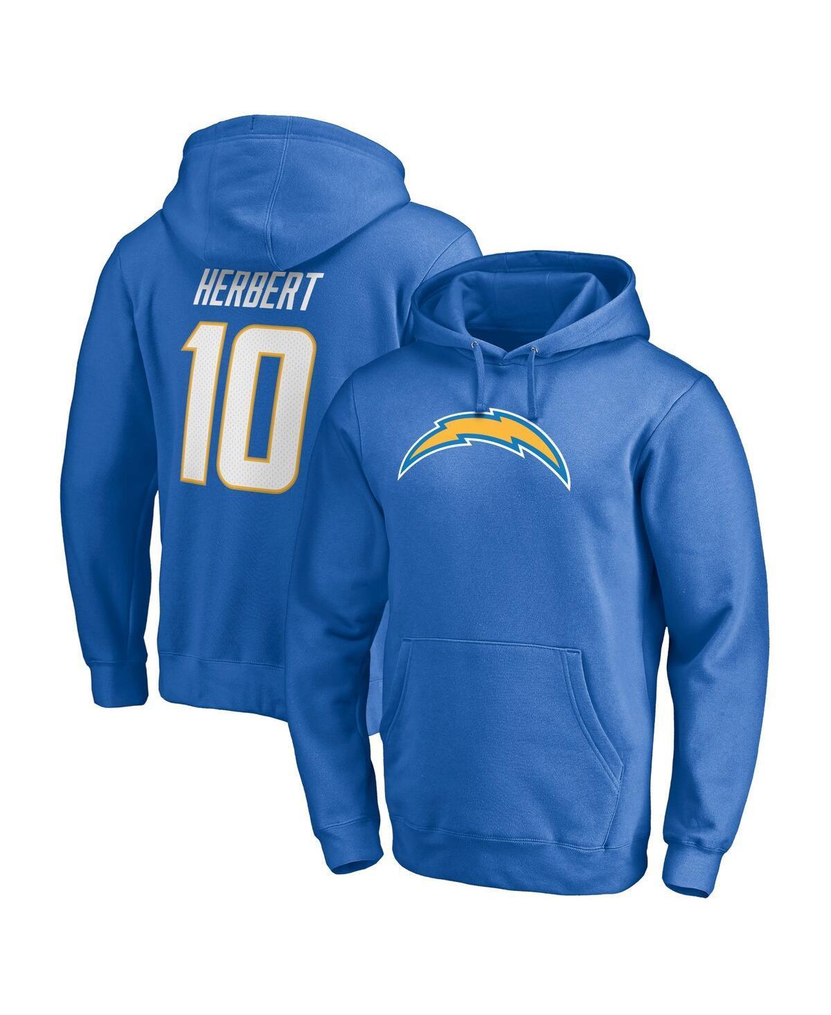 Mens Fanatics Justin Herbert Powder Blue Los Angeles Chargers Player Icon Name and Number Fitted Pullover Hoodie Product Image