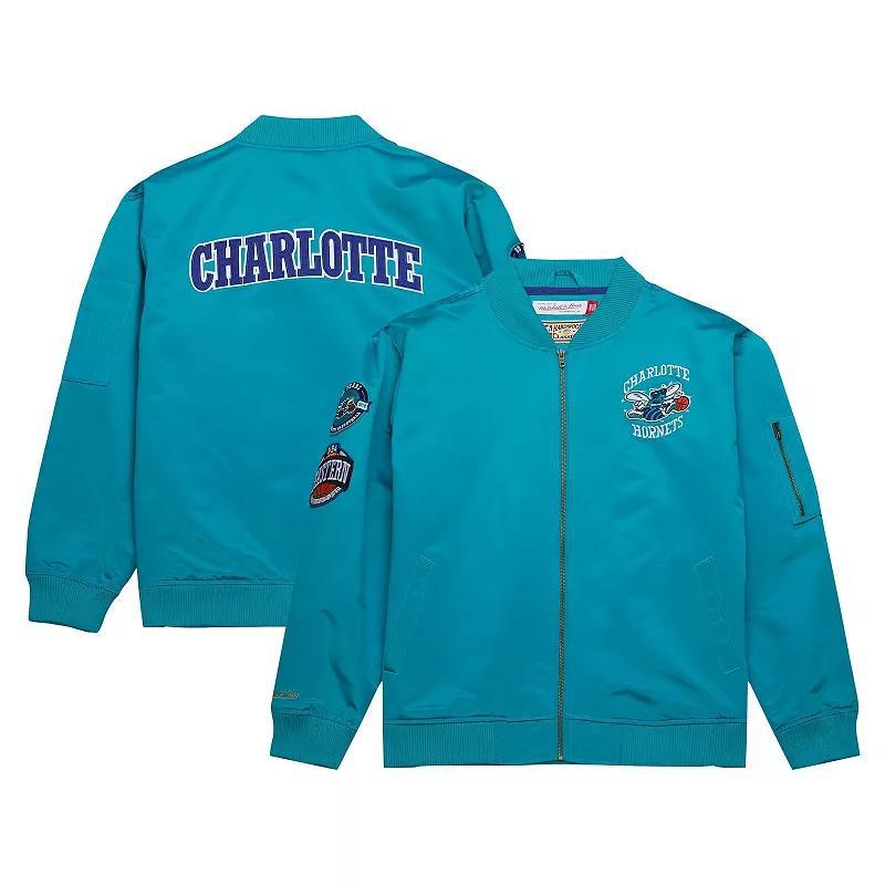 Mens Mitchell & Ness Teal Charlotte Hornets Hardwood Classics Vintage Logo Full-Zip Bomber Jacket Product Image