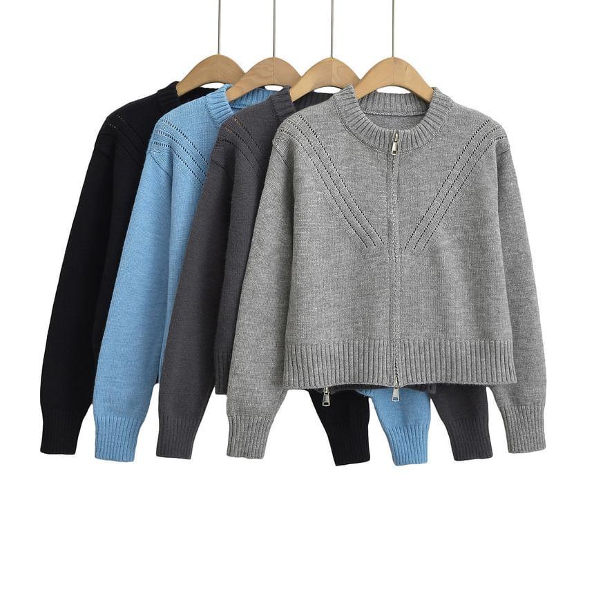 Crew Neck Plain Perforated Zip-Up Crop Cardigan Product Image