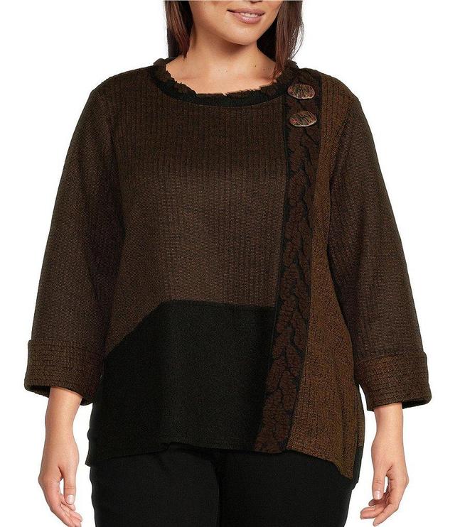 Ali Miles Plus Size Textured Rib Knit Color Block Round Neck 3/4 Sleeve Tunic Product Image