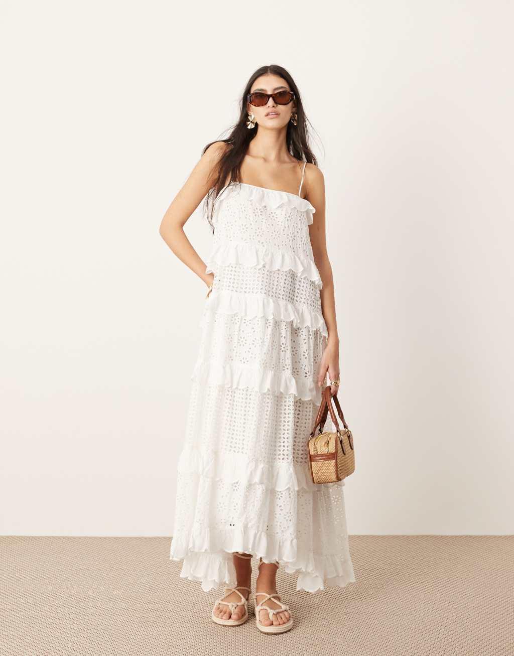 ASOS EDITION strappy eyelet trapeze tiered maxi dress in white Product Image