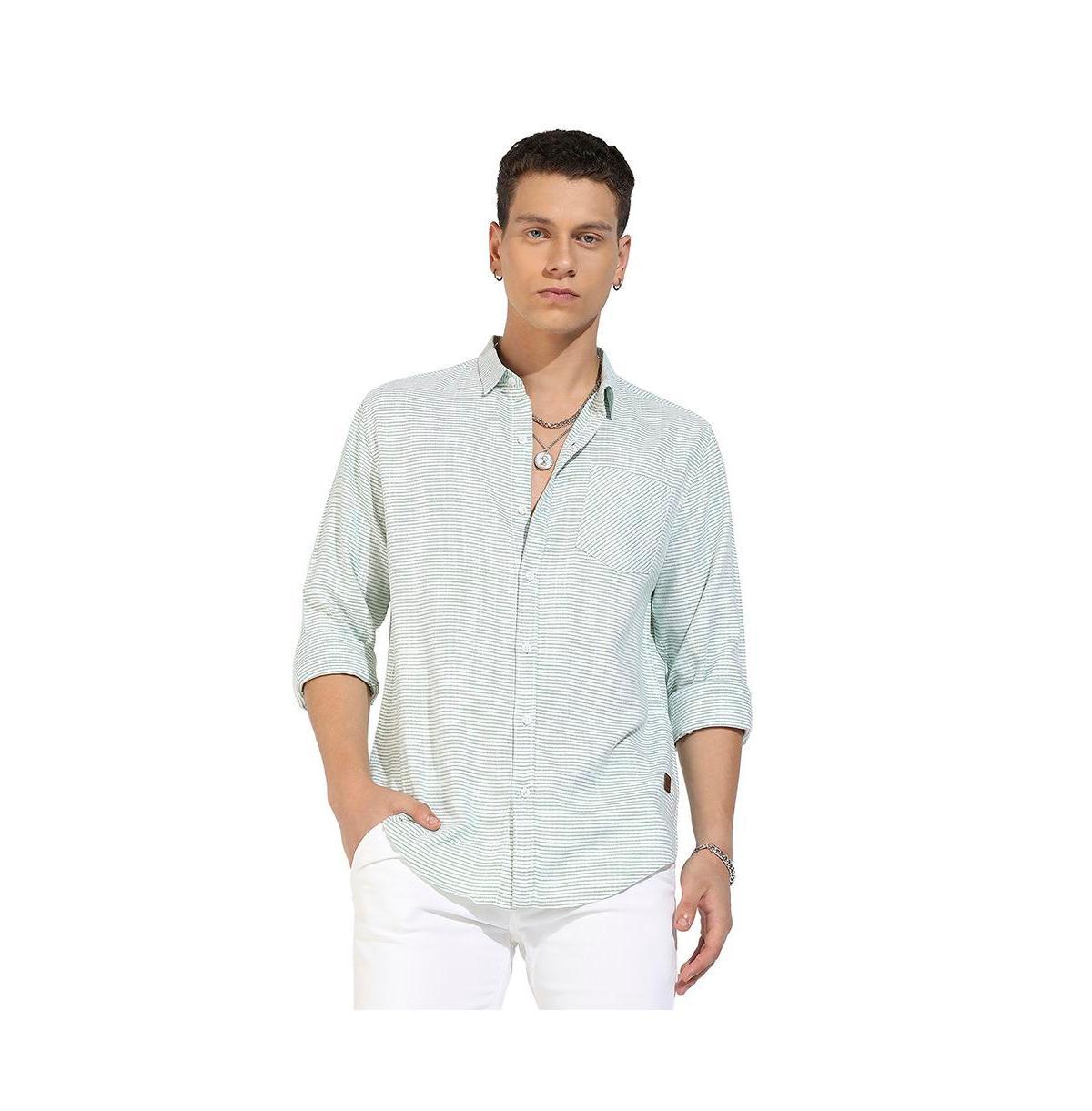 Campus Sutra Mens White & Green Horizontal Chalk Striped Shirt Product Image