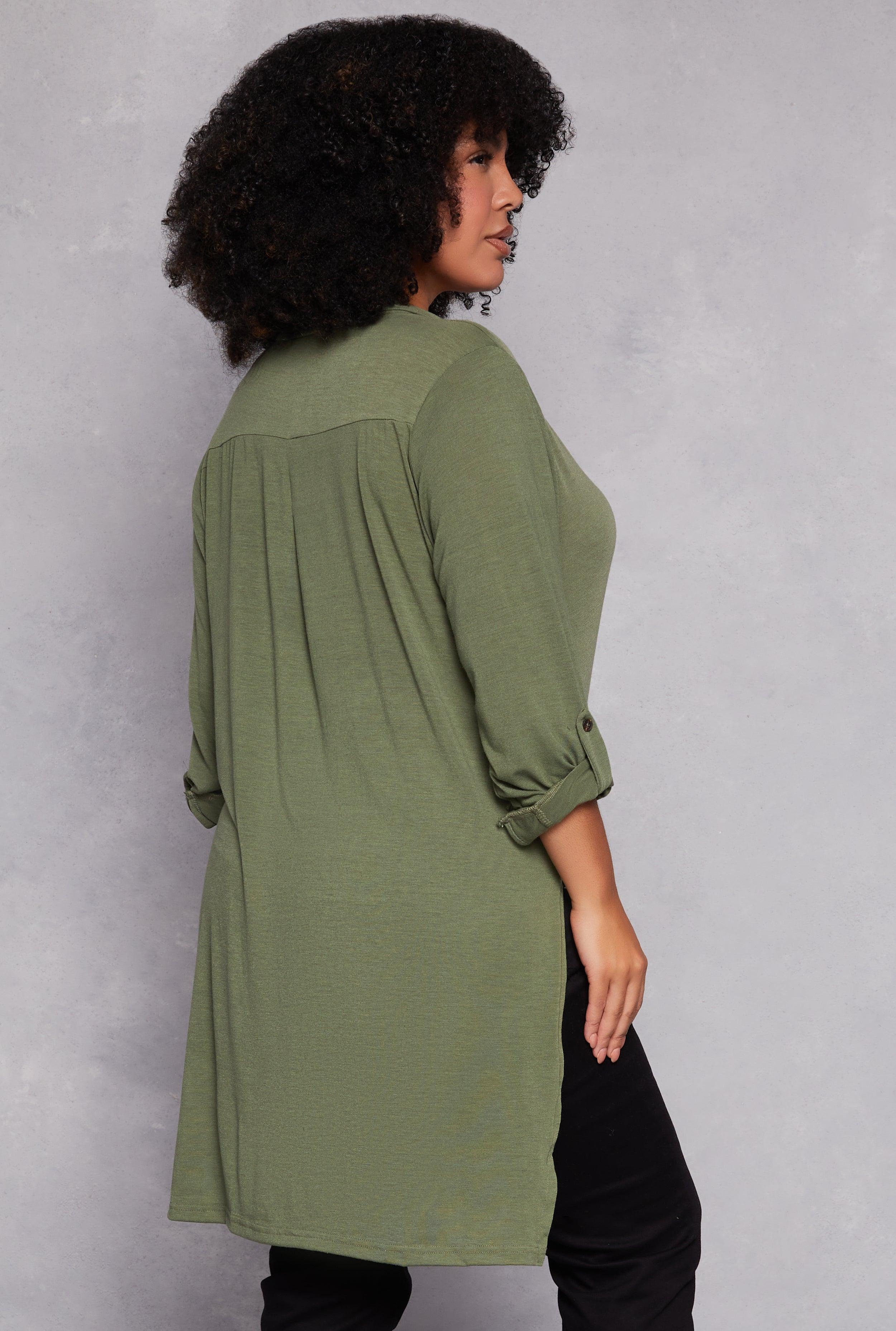 Plus Size Tabbed Sleeve Button Front Tunic Shirt Female Product Image