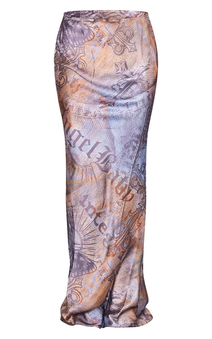 Brown Newspaper Print Satin Basic Maxi Skirt Product Image