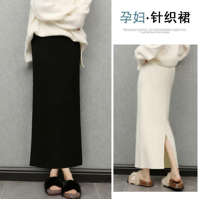 Maternity Elastic Waist Plain Slit Midi Pencil Knit Skirt Product Image