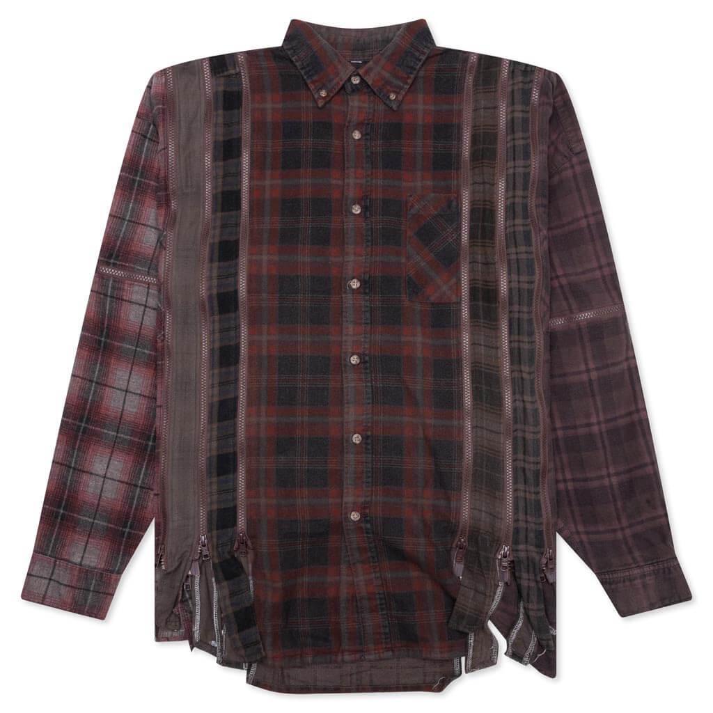 Flannel Shirt 7 Cuts Zipped Wide Shirt Over Dye - Brown Male Product Image