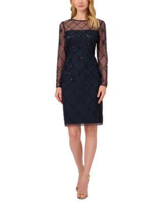 Papell Studio Womens Embellished Illusion Long-Sleeve Dress - Navy Product Image