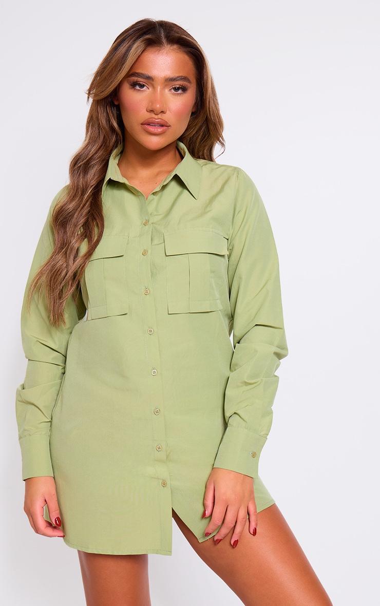 Khaki Woven Pocket Detail Oversized Shirt Dress Product Image