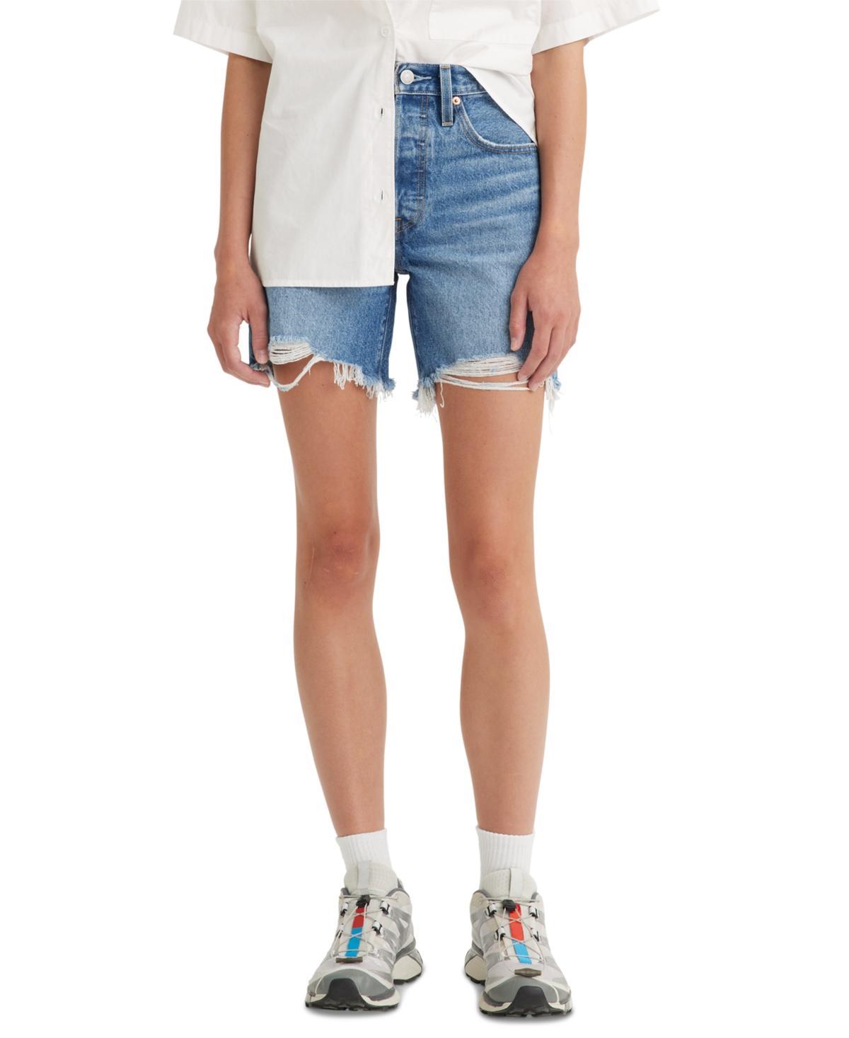 Levis 501 Button Fly Mid Thigh Distressed Denim Shorts Product Image