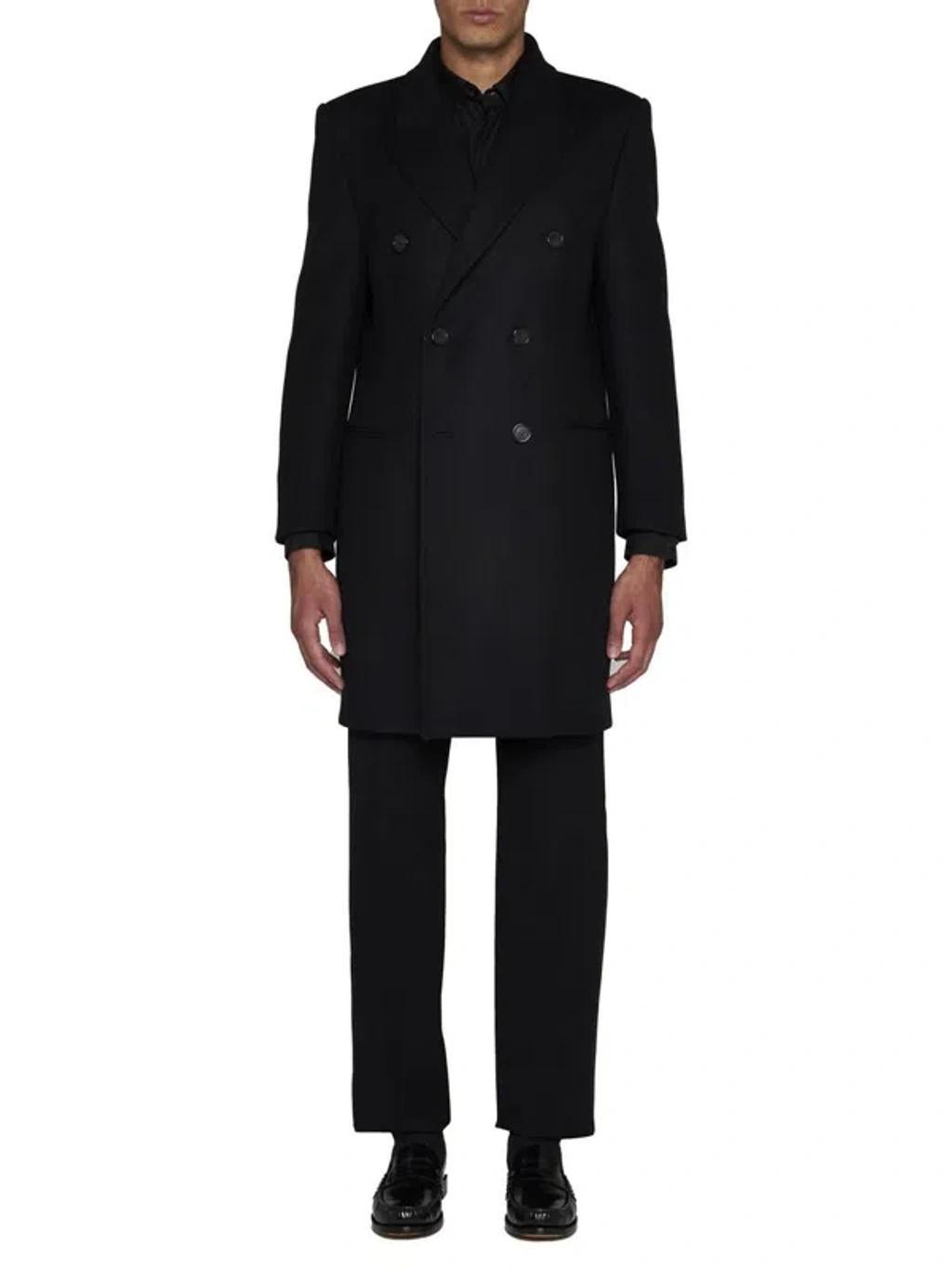 Double-breasted Wool Coat In Black Product Image