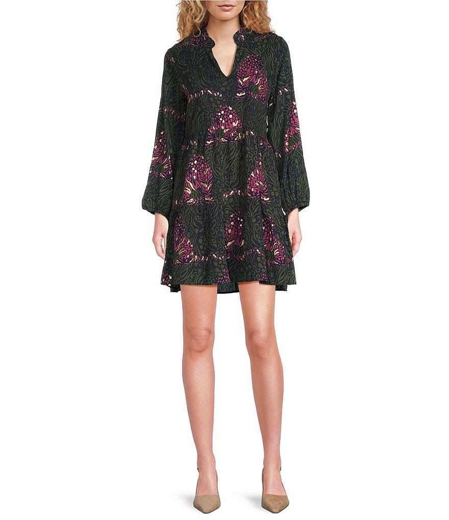 Jude Connally Monaco Cotton Voile Abstract Print V-Neck Ruffle Trim Long Sleeve Dress Product Image