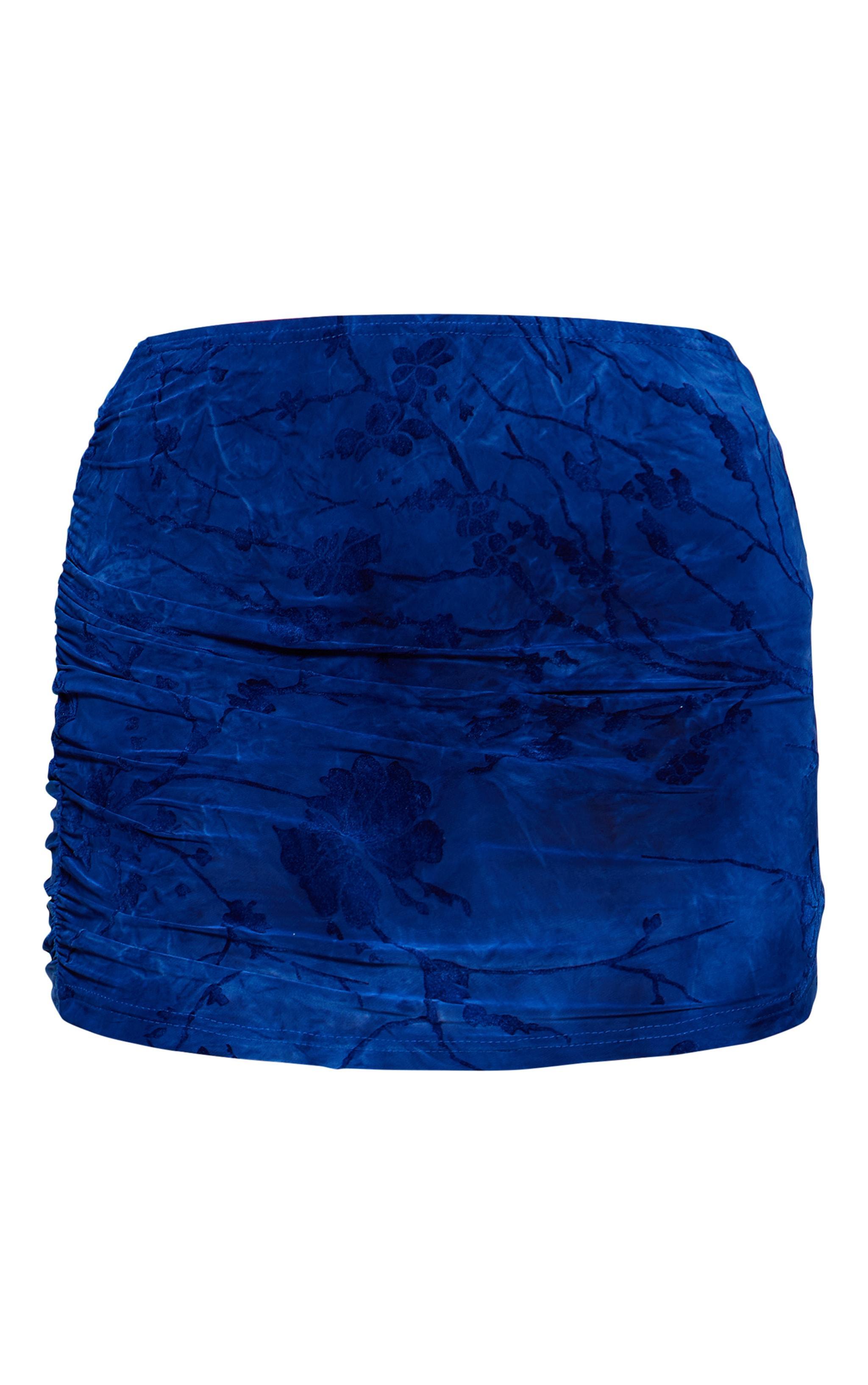 Blue Printed Soft Touch Devore Ruched Side Mini Skirt Product Image