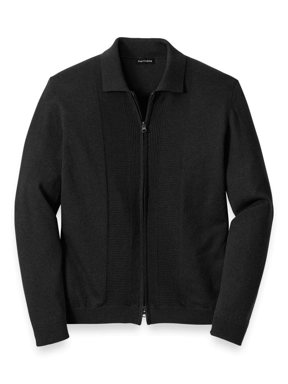 Silk Cotton Cashmere Full Zip Polo - Black Product Image