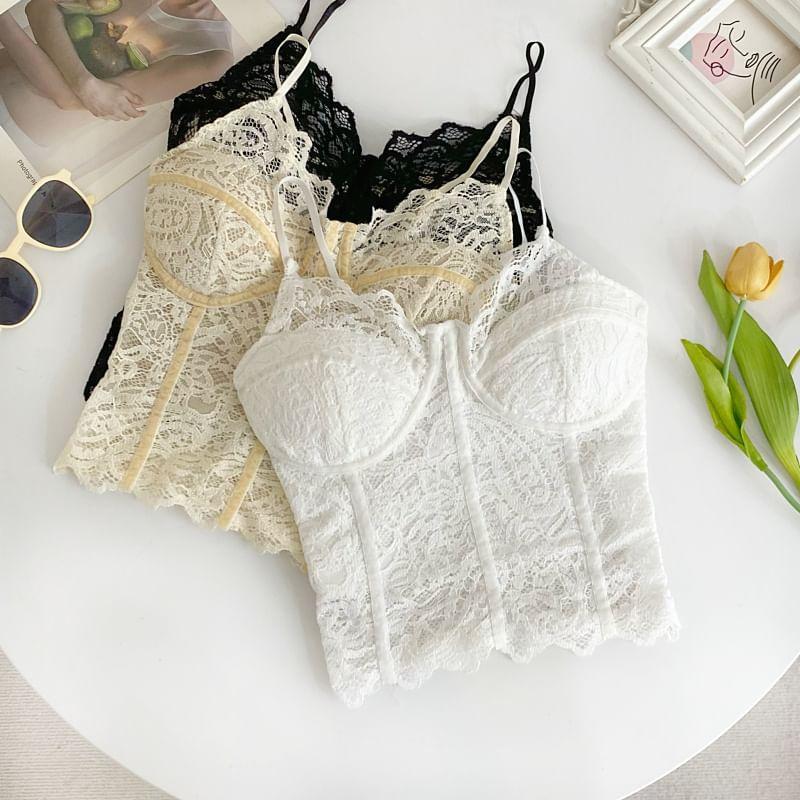 V-Neck Padded Lace Crop Camisole Top Product Image