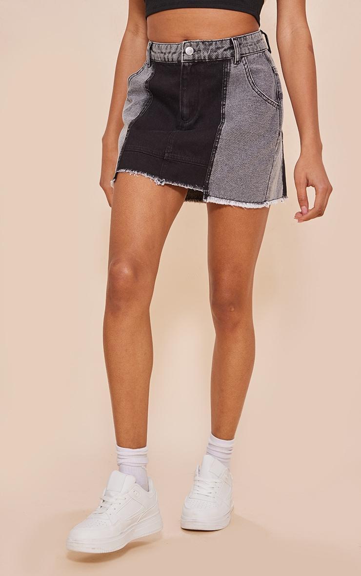 Washed Black Panel Denim Mini Skirt Product Image