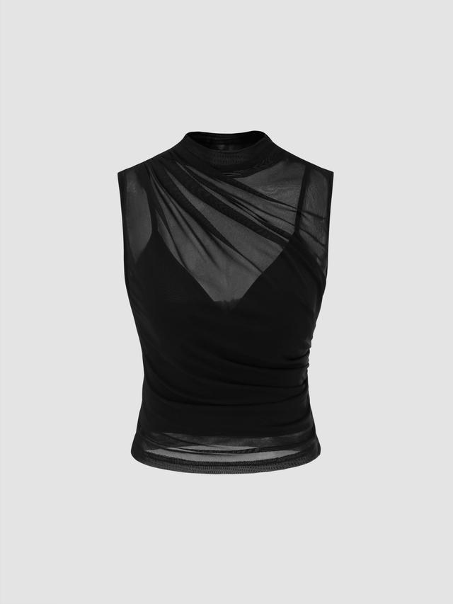 Mesh High Neck Solid Tank Top & Crop Cami Top Product Image