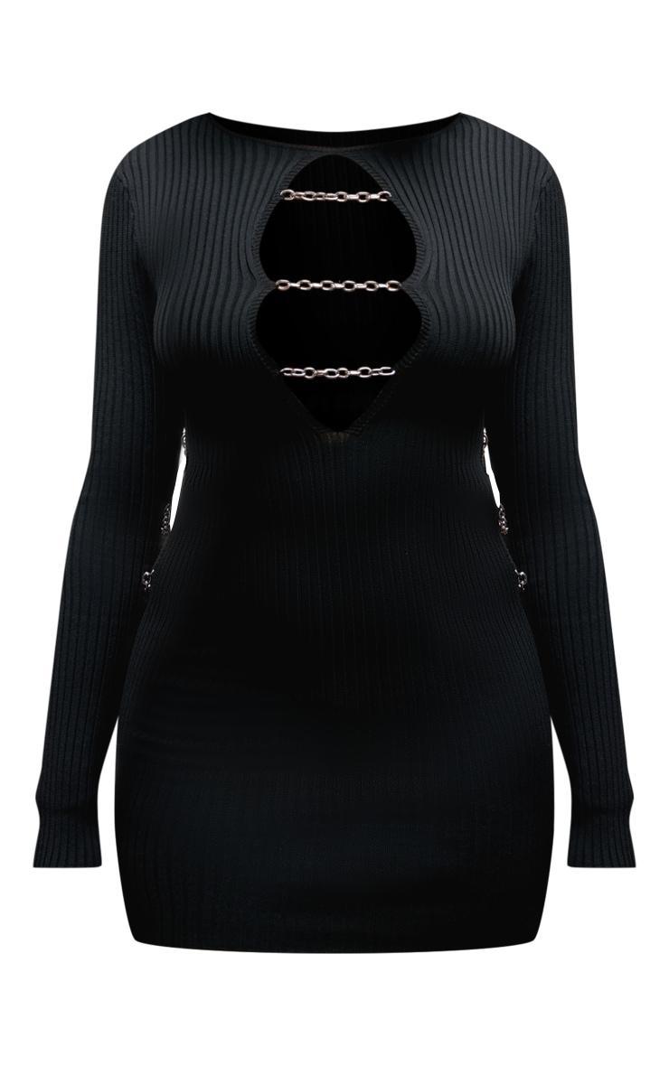  Black Rib Knit Chain Front Mini Dress Product Image