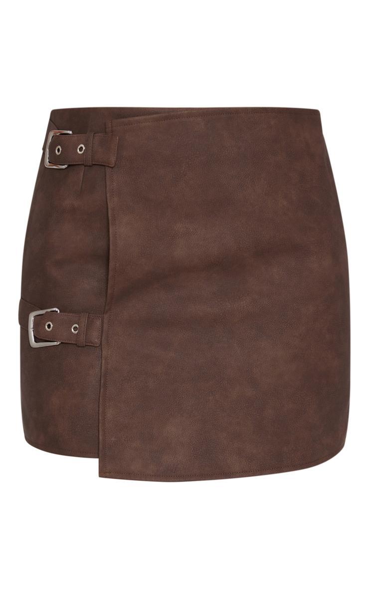 Tall Washed Brown Faux Leather Buckle Detail Mini Skirt Product Image