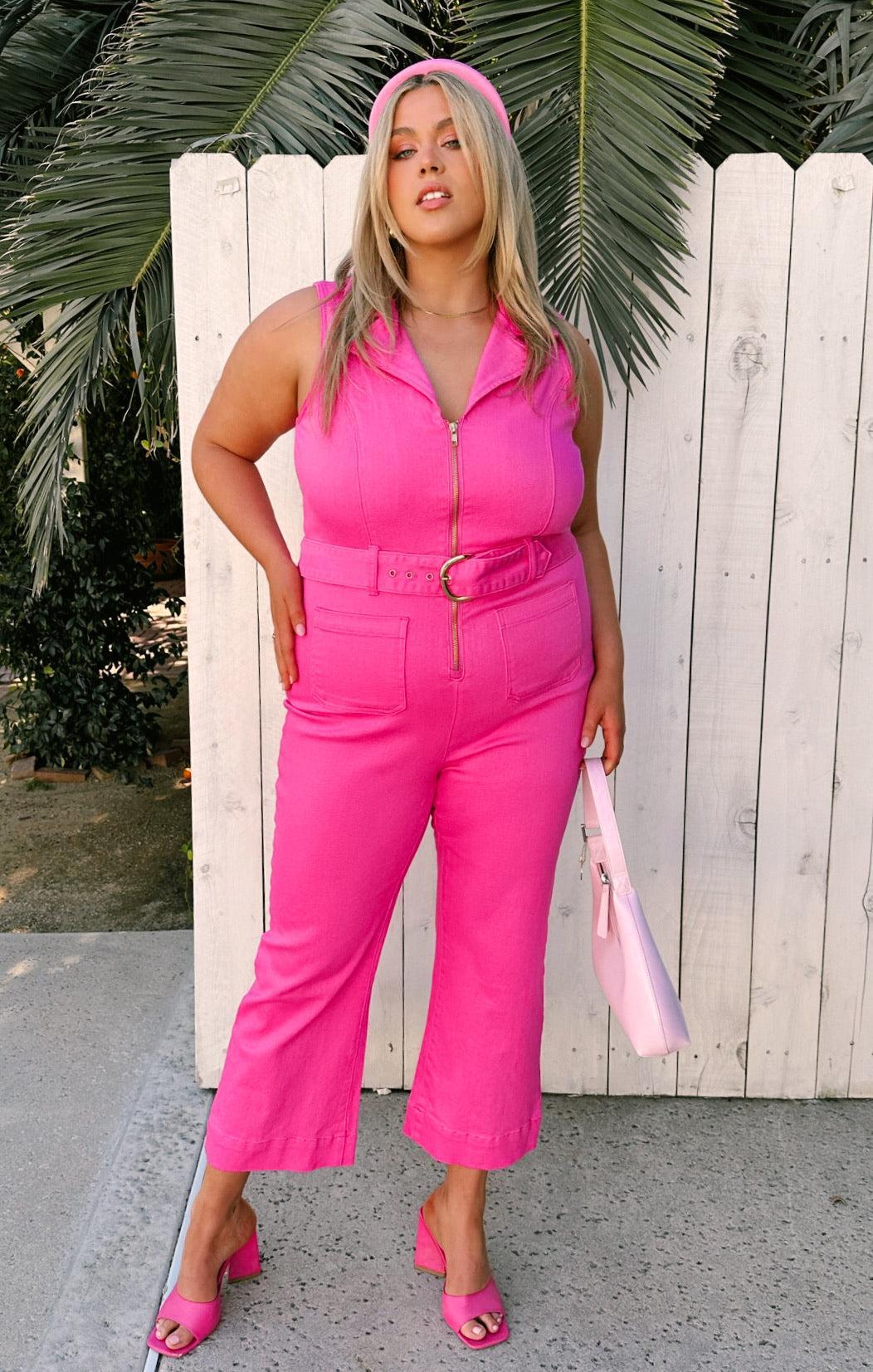 Jacksonville Cropped Jumpsuit ~ Hot Pink Denim Product Image