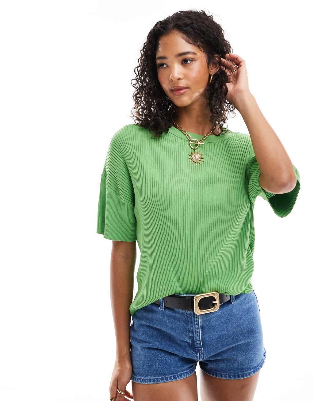 Mango short sleeve knitted top in green Product Image