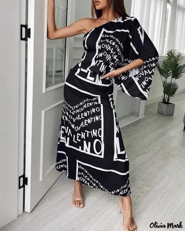 Olivia Mark – Letter Print One-Shoulder Dress Product Image