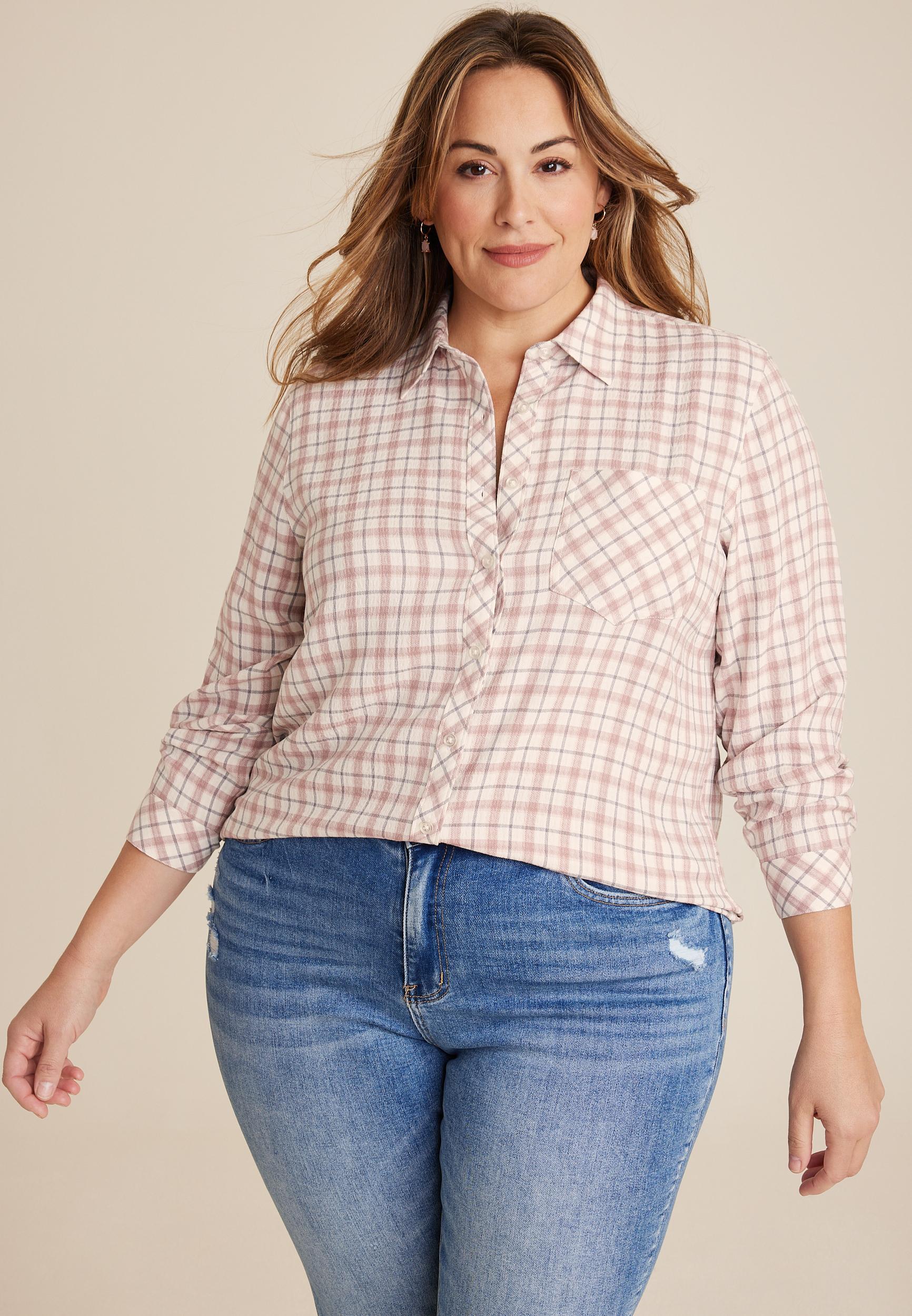 Maurices Plus Size Womens Pucker Plaid Button Up Shirt Beige Size 4X Product Image