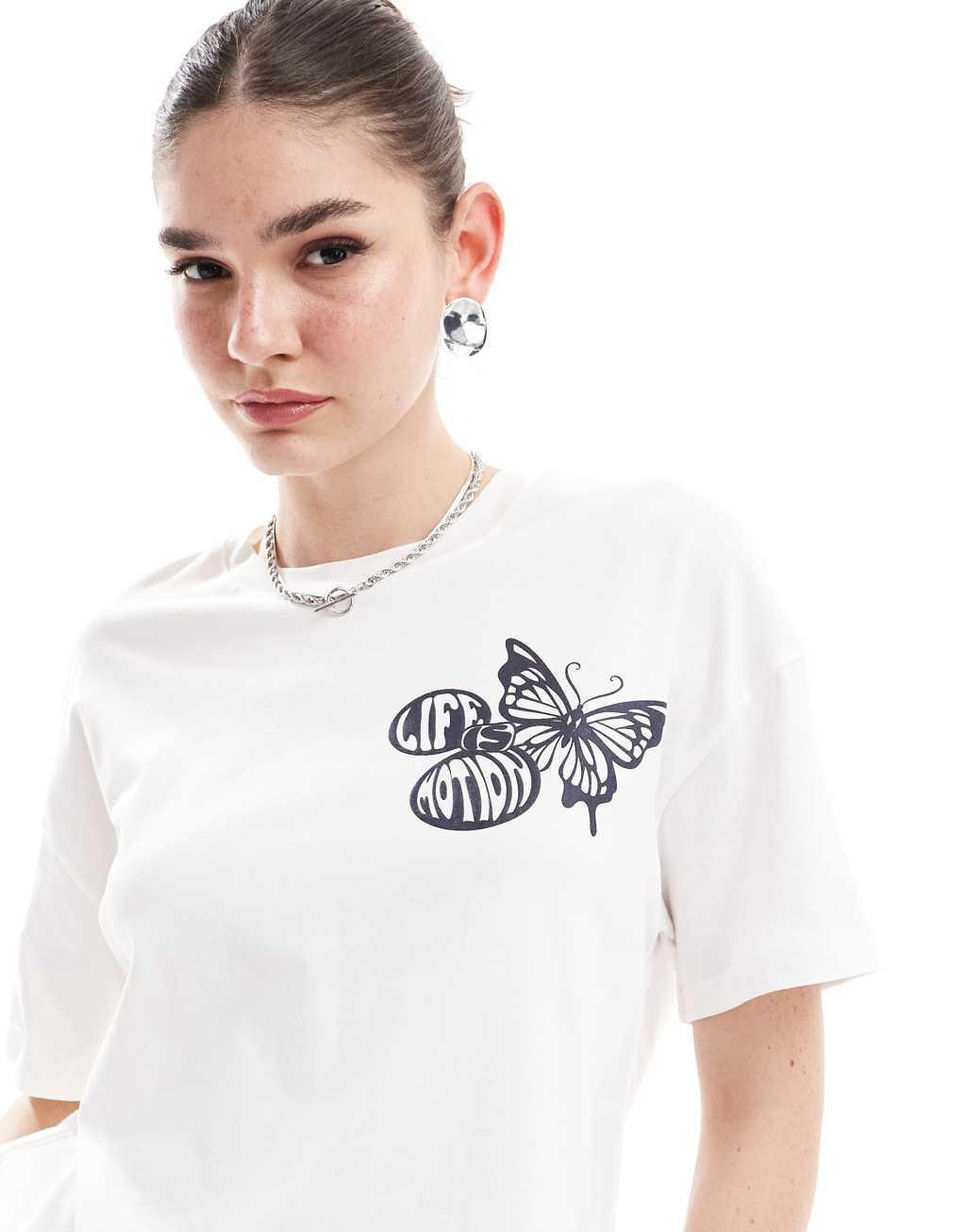 Bershka butterfly print oversized t-shirt in ecru Product Image