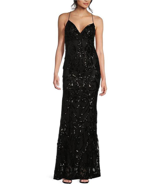 B. Darlin Spaghetti Strap Placement Sequin Long Dress Product Image