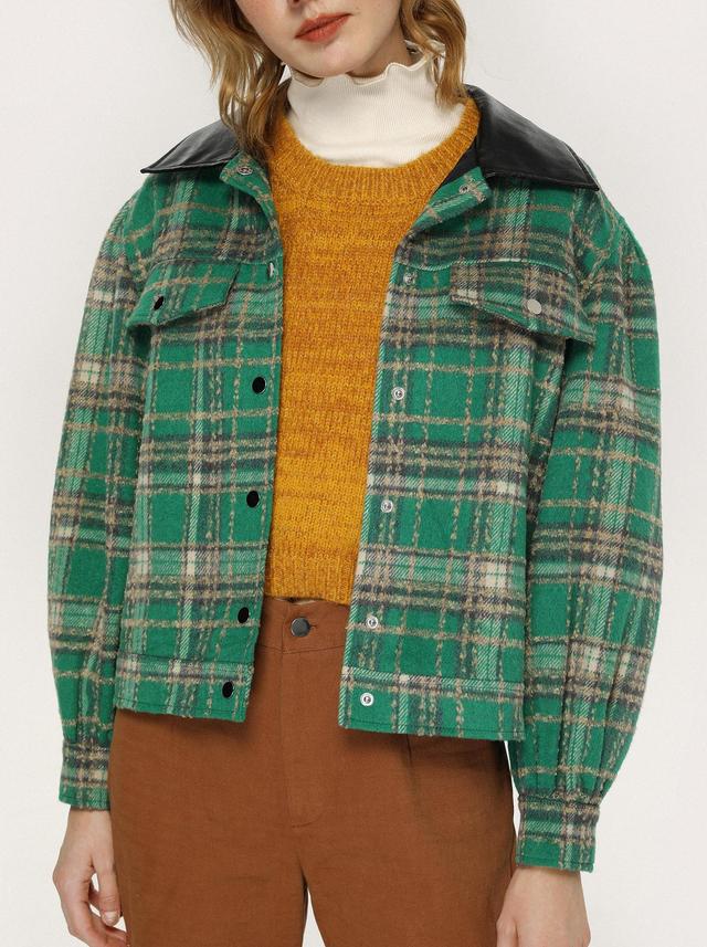 Wool-blend Plaid Faux Leather Patchy Jacket Product Image