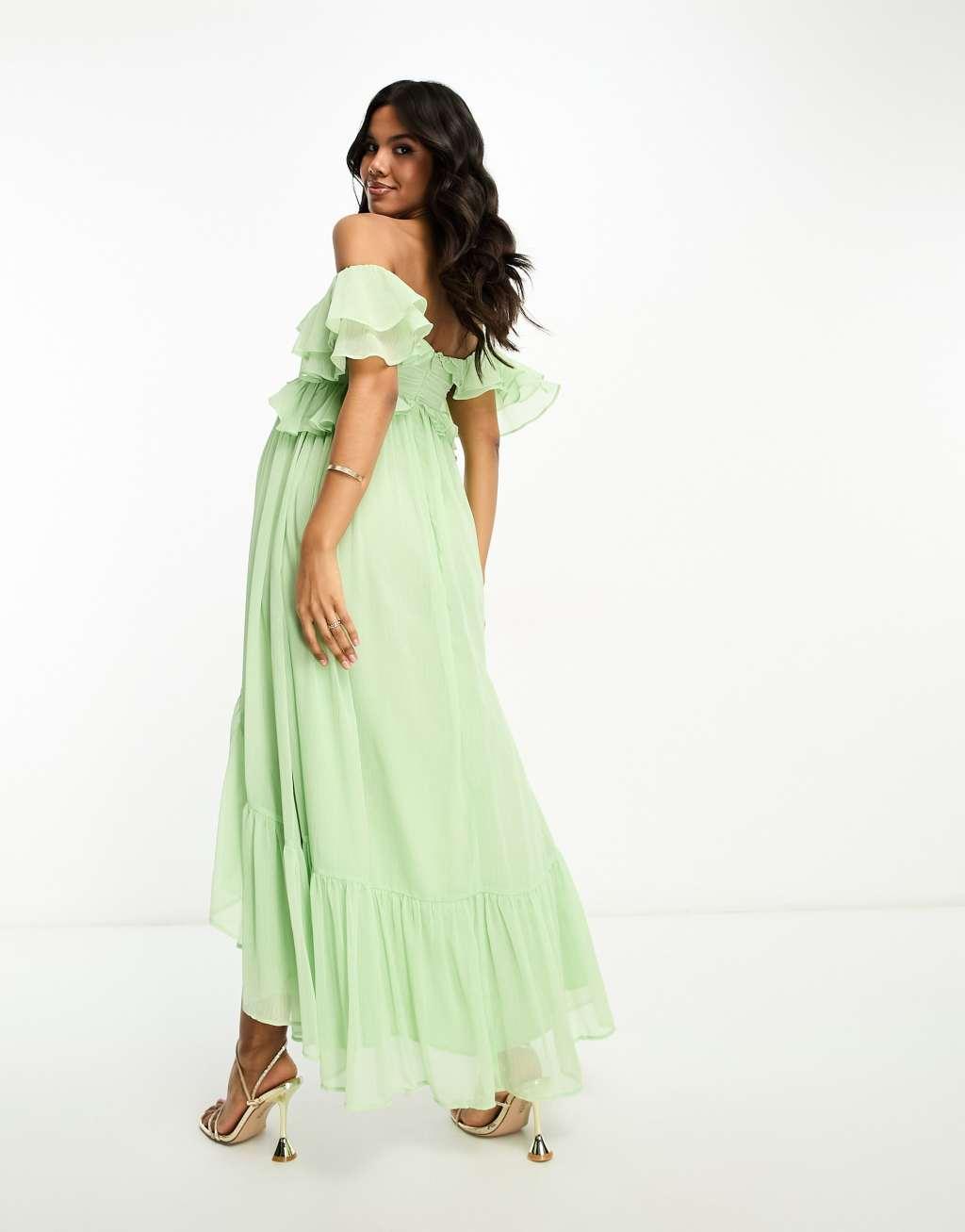 ASOS DESIGN Maternity ruffle cut out off the shoulder maxi dress with hi low hem Product Image