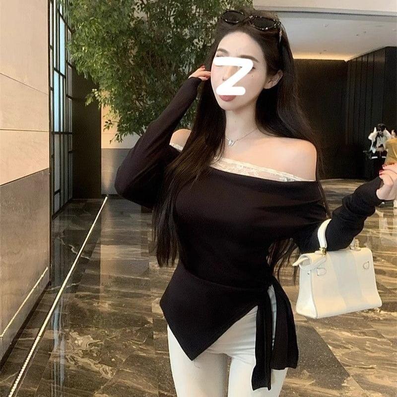 Long Sleeve Off Shoulder Asymmetrical Panel Lace Top Product Image