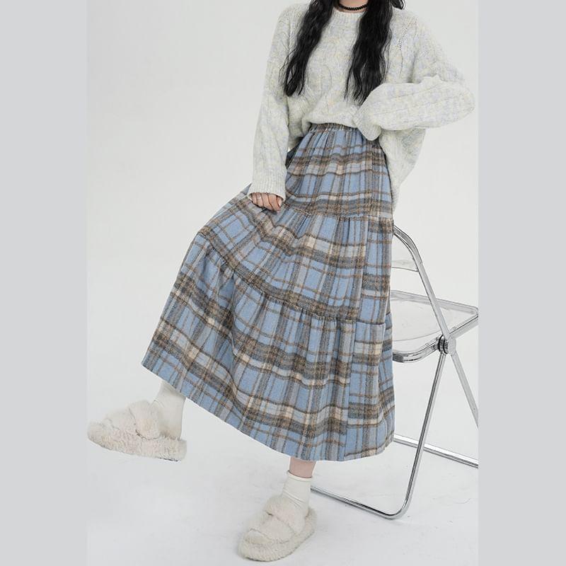 High Rise Plaid Midi A-Line Skirt Product Image