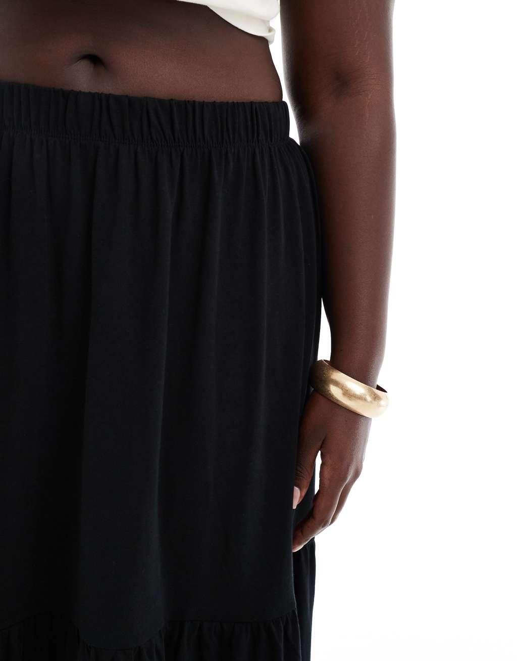 ONLY Curve tiered maxi skirt in black   Product Image