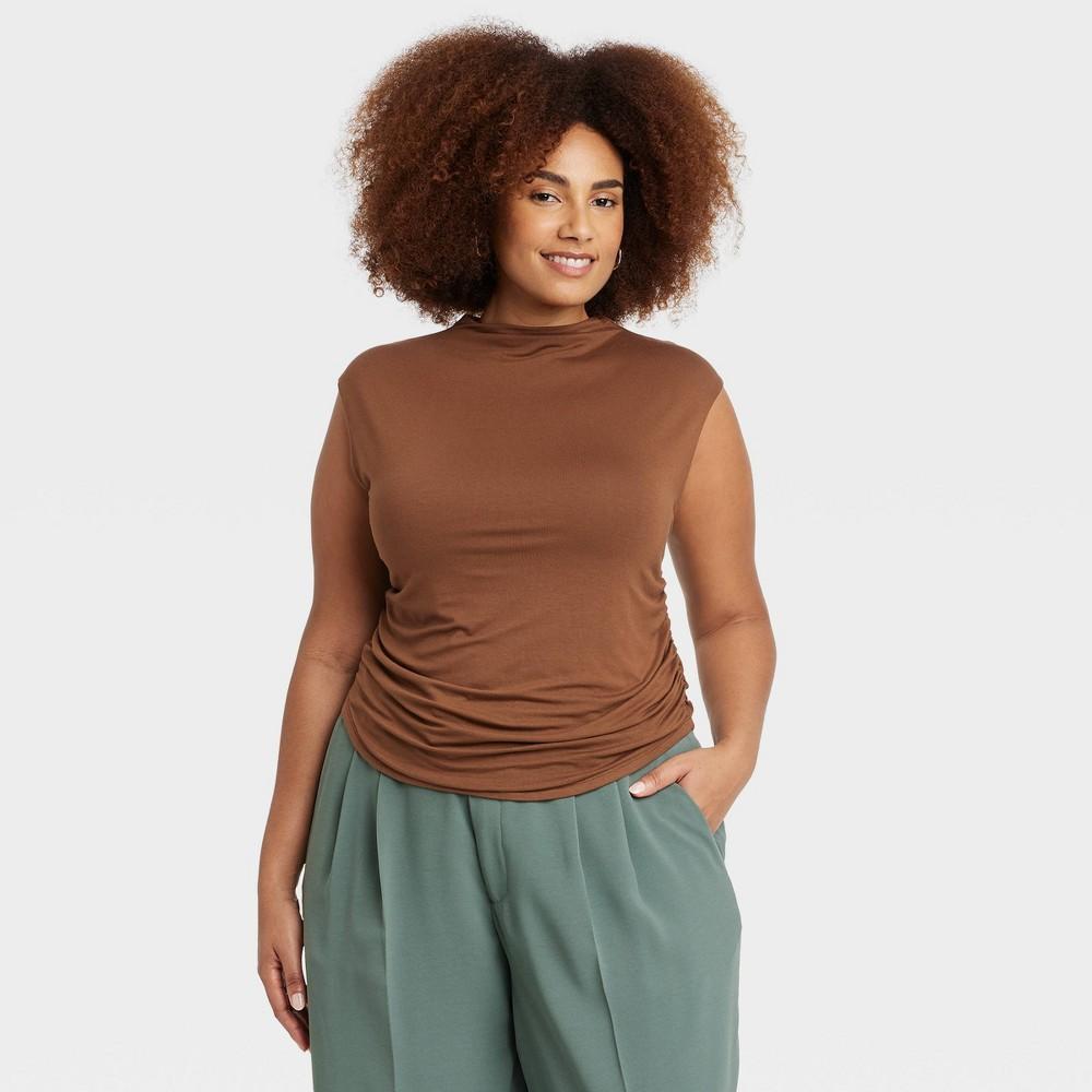 Womens Short Sleeve Side Ruched T-Shirt - A New Day Brown 4X Product Image