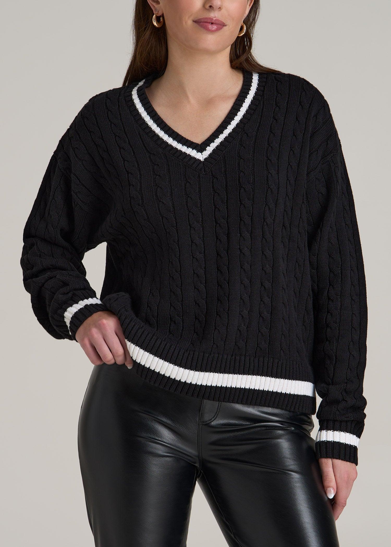 V-Neck Collegiate Sweater for Tall Women in Black and Bright White Female Product Image