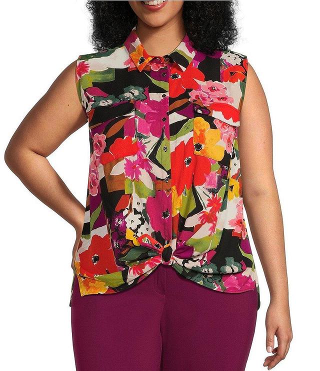 Investments Petite Point Collar Sleeveless Floral Button Tie Front Top Product Image