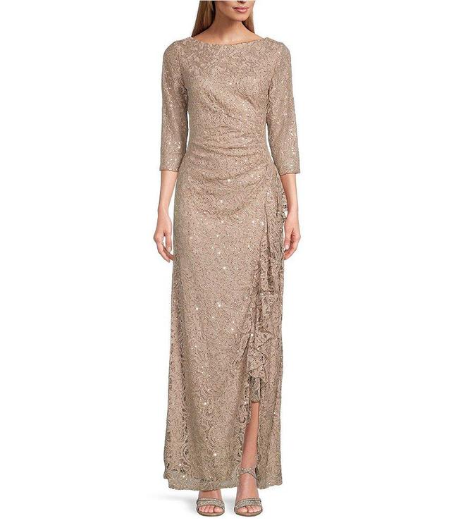 Alex Evenings 3/4 Sleeve Boat Neck Front Cascade Ruffle Sequin Lace Gown Product Image