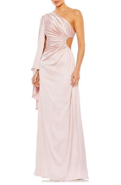 Ieena for Mac Duggal Drape Sleeve One-Shoulder Satin A-Line Gown Product Image