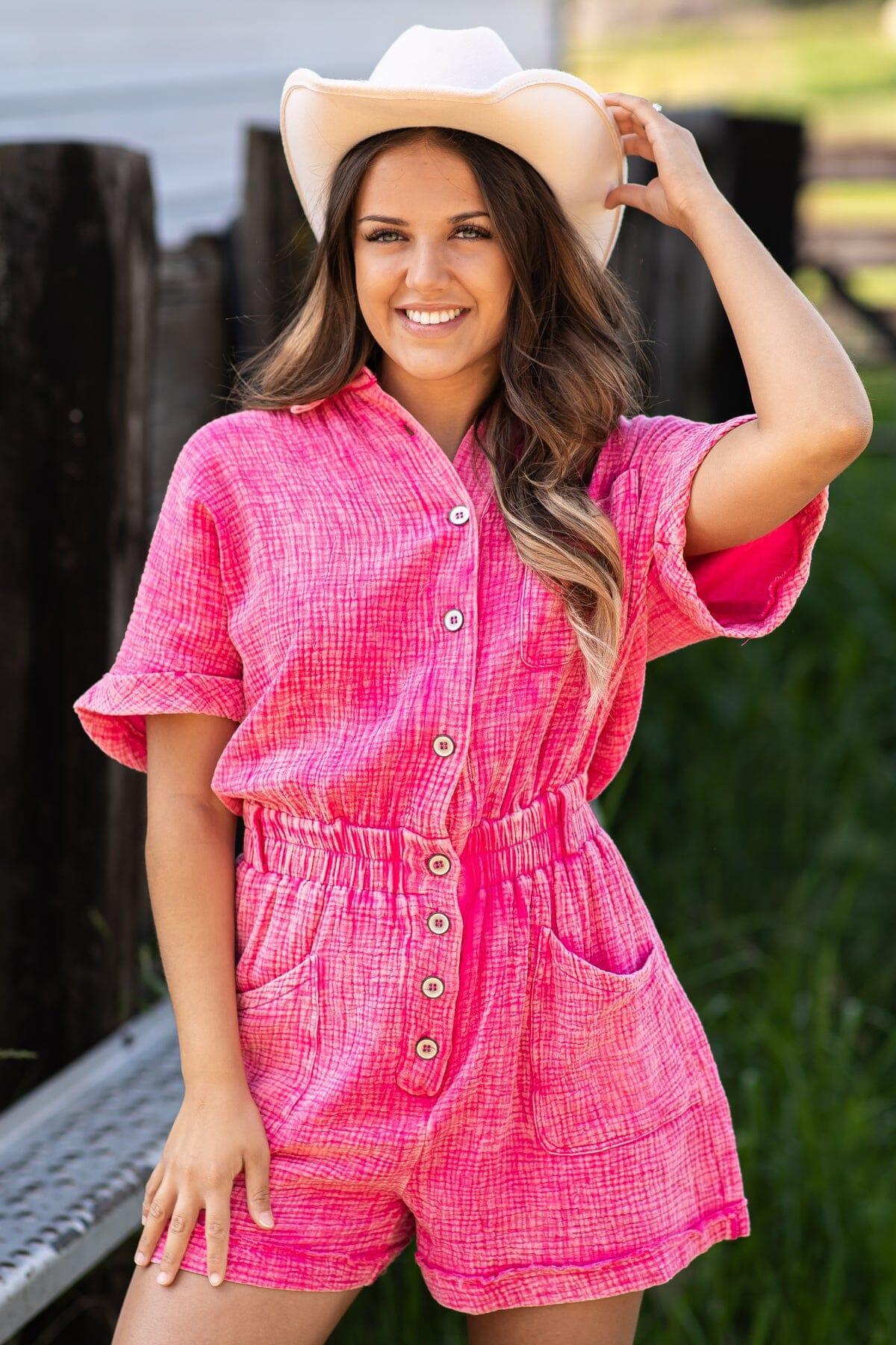 Hot Pink Washed Elastic Waist Romper Product Image