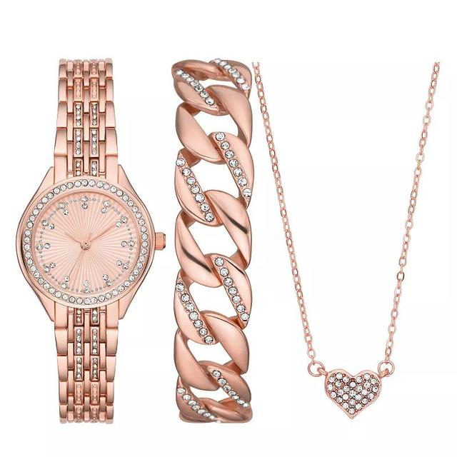 Folio Womens Rose Gold Tone Watch, Bracelet & Heart Necklace Set Product Image