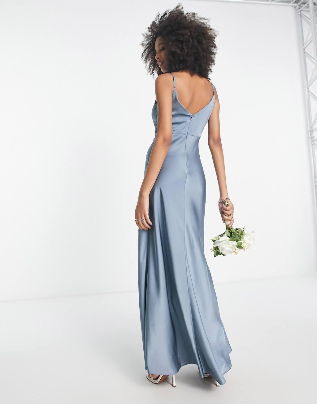 ASOS DESIGN Bridesmaid satin cowl neck maxi dress with full skirt in sage green  Product Image