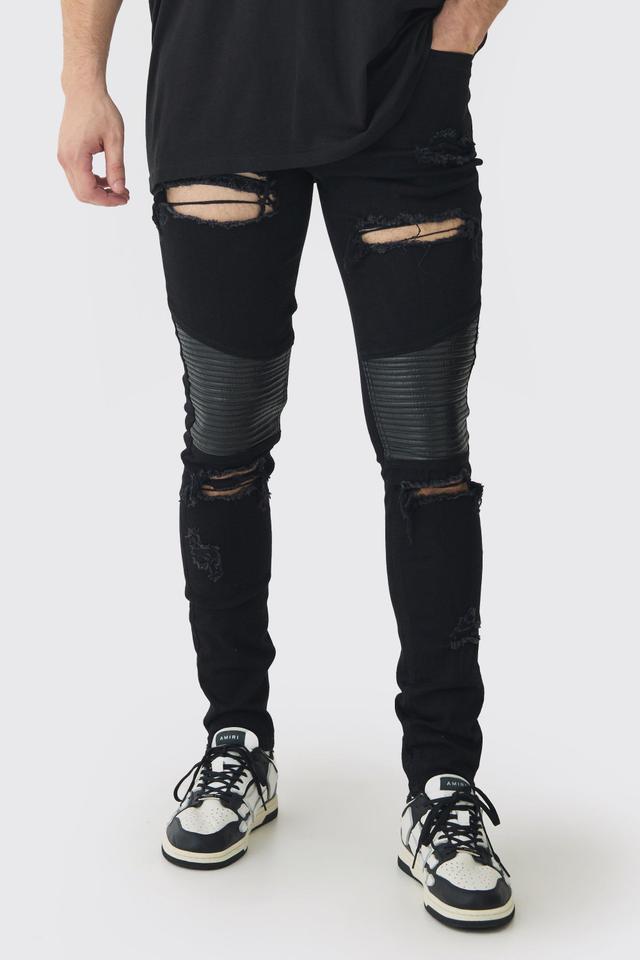 Tall Distressed Raw Hem Skinny Biker Jeans | boohooMAN USA Product Image