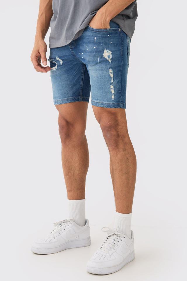 Mens Skinny Ripped Denim Shorts In Blue Wash, Blue Product Image