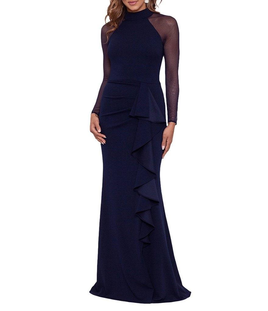 Betsy & Adam Mock Neck Illusion Long Sleeve Ruffled Scuba Crepe Mesh Gown Product Image