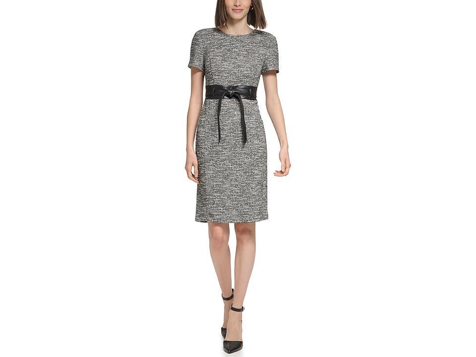 Calvin Klein Tweed Short Sleeve Crew Neck Faux Leather Belt Sheath Dress Product Image