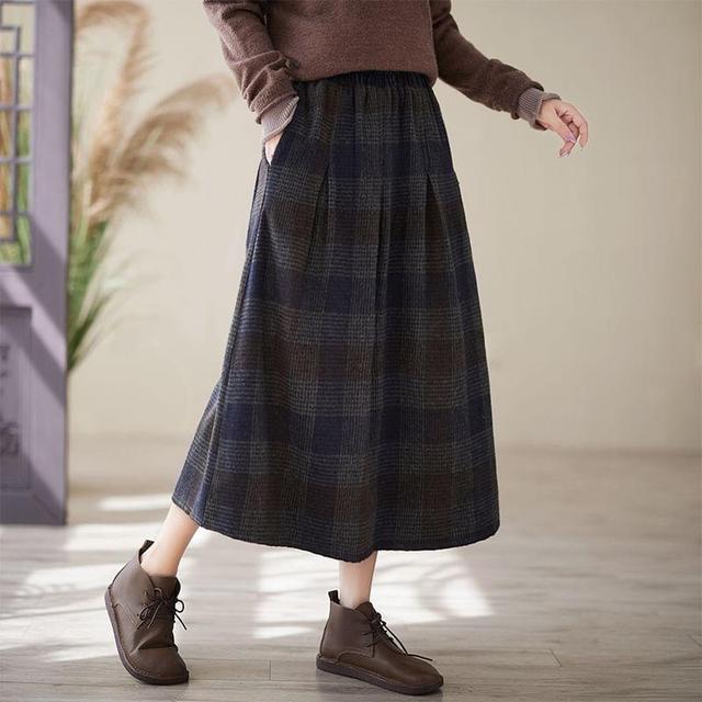 Elastic Waist Plaid Midi A-Line Skirt Product Image