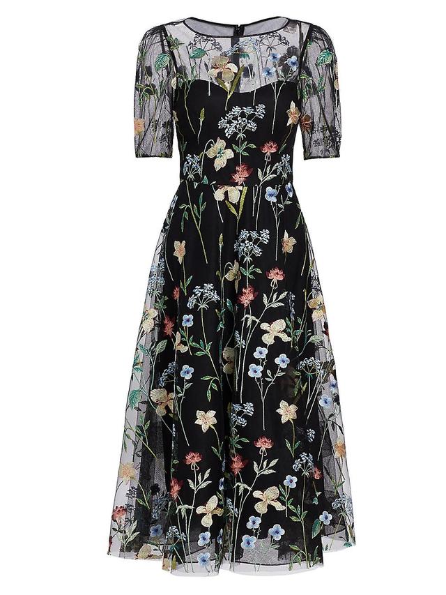 Womens Floral-Embroidered Illusion Midi-Dress Product Image