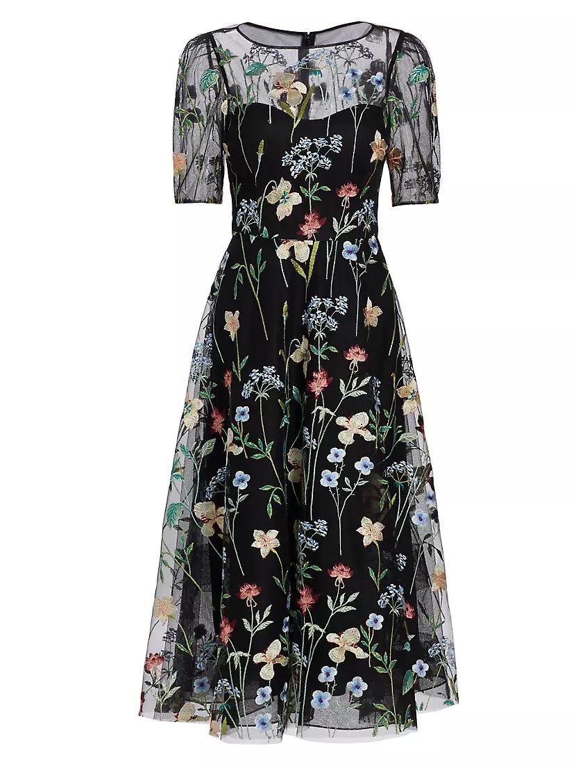 Floral-Embroidered Illusion Midi-Dress Product Image